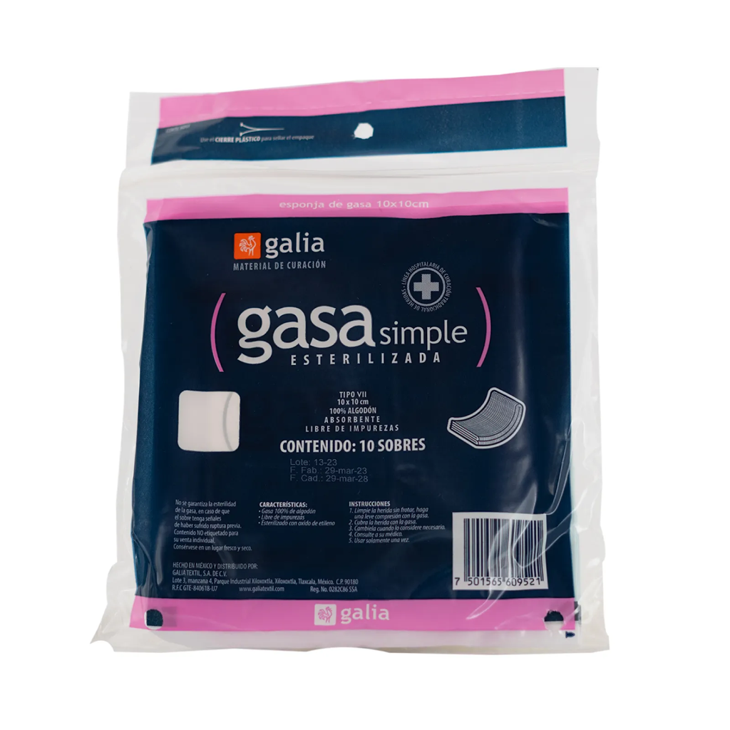 GASA SIMPLE ESTERILIZADA 10 X 10 CM BOLSA C/10 SOBRES ( IVA )(GALIA TEXTIL)