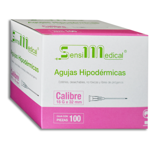 AGUJA HIPODERMICA ROSA 18X32 C/100 PZ (IVA)(SENSIMEDICAL)
