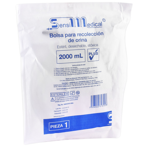 BOLSA RECOLECTORA DE ORINA PLUS 2LT TUBO 5.2MM DIA (SENSIMEDICAL/JAYOR)