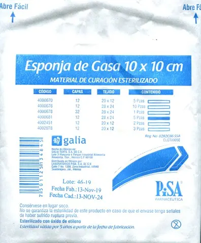 ESPONJA GASA C/TRAMA 10X10 TEJIDO 20X12 C/10PZ (IVA) PISA