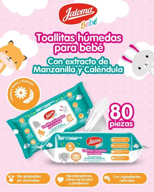 TOALLITAS HUMEDAS P/ BEBE C/ EXTRAC DE MANZAN Y CALEND C/80 (JALOMA)