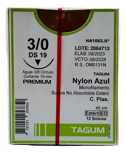 NYTC1920 SUTURA NYLON MONOF AG 3/8CIRC CORT 19MM HEB 45CM CAL2/0 C/12PZAS (SERRAL)