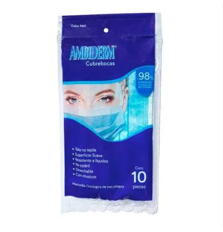 CUBREBOCA NC 3 PLIEGOS AZUL ADULTO BOLSA C/10 PZAS (AMBIDERM)(IVA)
